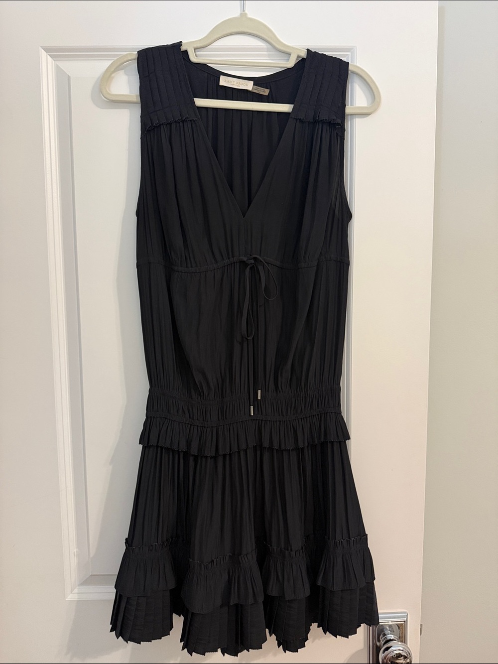 Ramy Brook Black Pleated Ruffle V-Neck Mini Dress